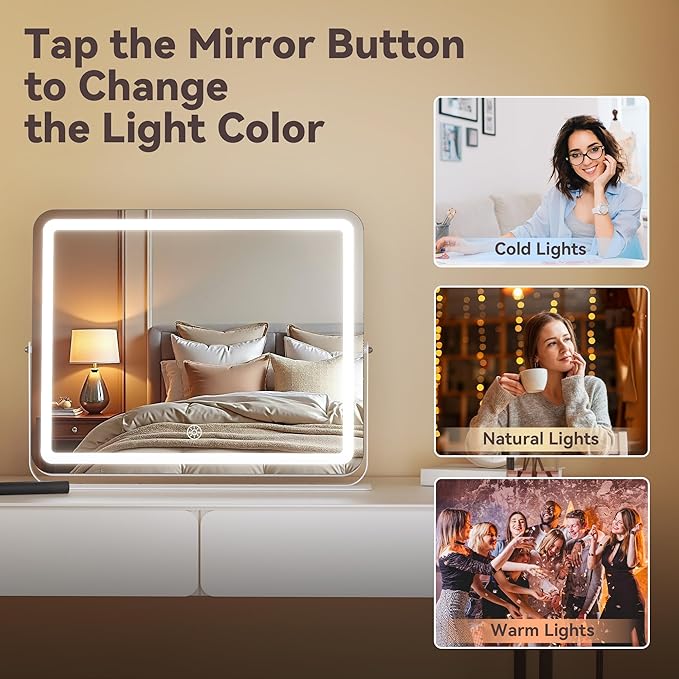 MINISO Vanity Mirror with Lights, 20" x 16" LED Makeup Mirror, Light & Brightness Adjustment, Smart Sensor, 360°Rotation, Aluminum Alloy Metal White Frame, with 10X Magnifying Glass