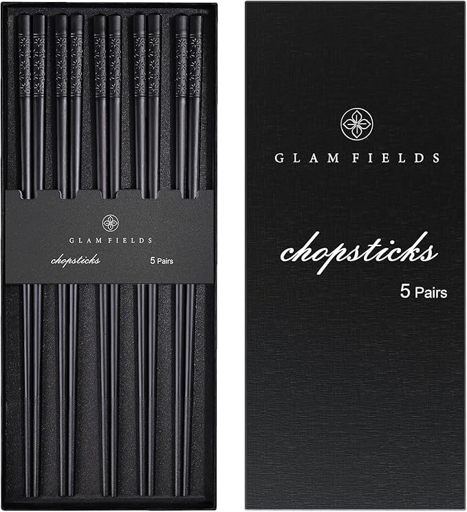 GLAMFIELDS 5 Pairs Premium Chopsticks Reusable Dishwasher Safe 9.5 Inch Fiberglass Chop Sticks Gift Set Non Slip Lightweight Cherry Blossom Pattern