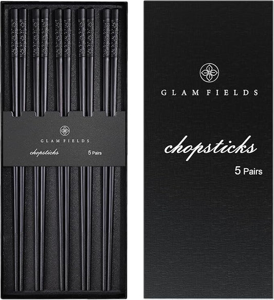 GLAMFIELDS 5 Pairs Premium Chopsticks Reusable Dishwasher Safe 9.5 Inch Fiberglass Chop Sticks Gift Set Non Slip Lightweight Cherry Blossom Pattern