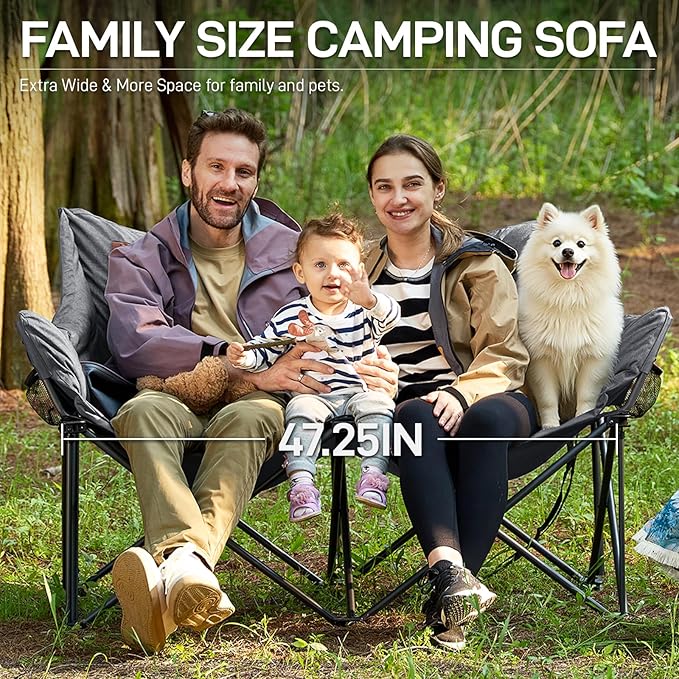 EVER ADVANCED Extra Large Double Camping Chair for Adults, Family Size Padded Folding Camping Love Seat Bench with Side Pocket Portable Camping Couch, Two Person Heavy Duty Folding Outdoor Chair