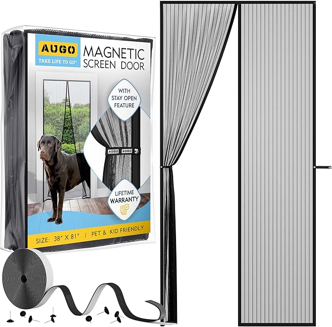 AUGO Magnetic Screen Door - Self Sealing, Heavy Duty, Hands Free Mesh Partition Keeps Bugs Out - Pet and Kid Friendly - Patent Pending Keep Open Feature - 38 Inch x 81 Inch