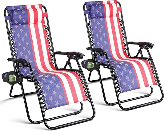 Northroad Set of 2 Zero Gravity Lounge Chairs Adjustable Steel Mesh Relaxing Recliners Outdoor Folding Patio Lawn Chair w/Pillows & Cup Holder Trays - American Flag