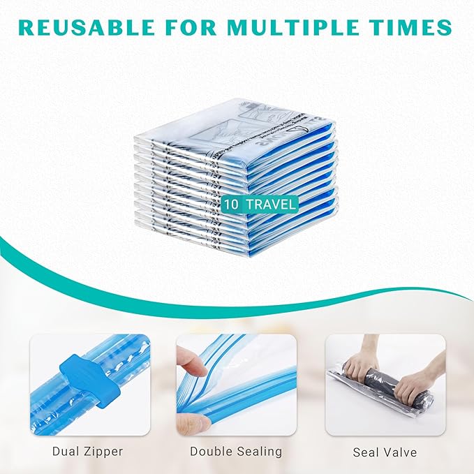 10 Pack Space Saver Vacuum Storage Bags Travel Vacuum Bags for Luggage Clothing Compression Bags for Travel Essentials No Vacuum or Pump Needed