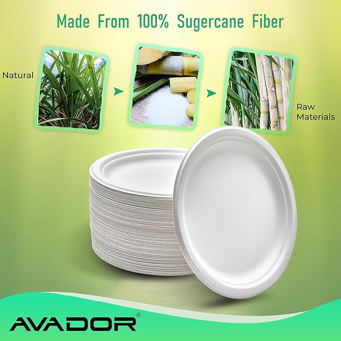 AVADOR® Compostable Tableware 100% Eco-Friendly & Biodegradable Dinnerware Eco-Conscious, Disposable, and 100% Biodegradable (9 inch Round Plates Pack of 125)