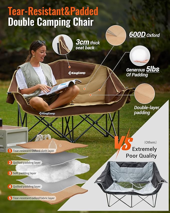 KingCamp Double Camping Chair, Oversized Heavy Duty Loveseat for Adults Portable Folding XL 2 Person Couch Padded Comfortable Two Seat with Cup Holder for Outdoor Lawn Backyard