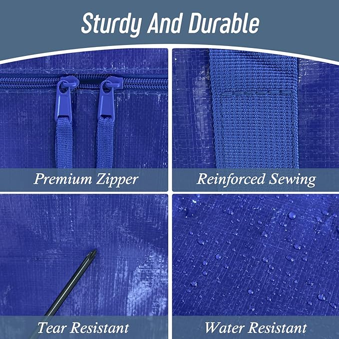 12 Pack Extra Heavy Duty Large Moving Bags with Strong Zipper & Comfortable Handles, Sturdy & Durable Clothes Storage Bags Totes Bins, Packing Moving Boxes for College Supplies, Blue