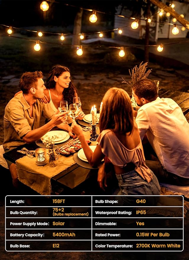 Brightown 158FT Solar String Lights Outdoor with Remote and 77 LED Shatterproof Bulbs, Dimmable & Timable, 3 Light Modes, Solar Patio String Lights Outdoor for Cafe, Garden, Deck, Outside Wedding