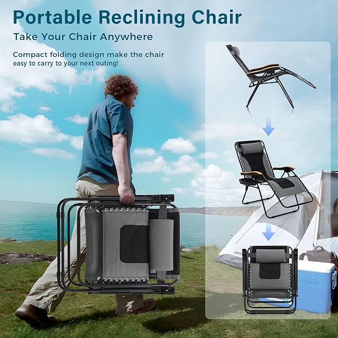 MFSTUDIO Zero Gravity Chairs Set of 2, XL Oversized Outdoor Anti Gravity Chair, Patio Lounge Folding Adjustable Chair with Cup Holder & Padded Headrest, Support 400lbs,Grey