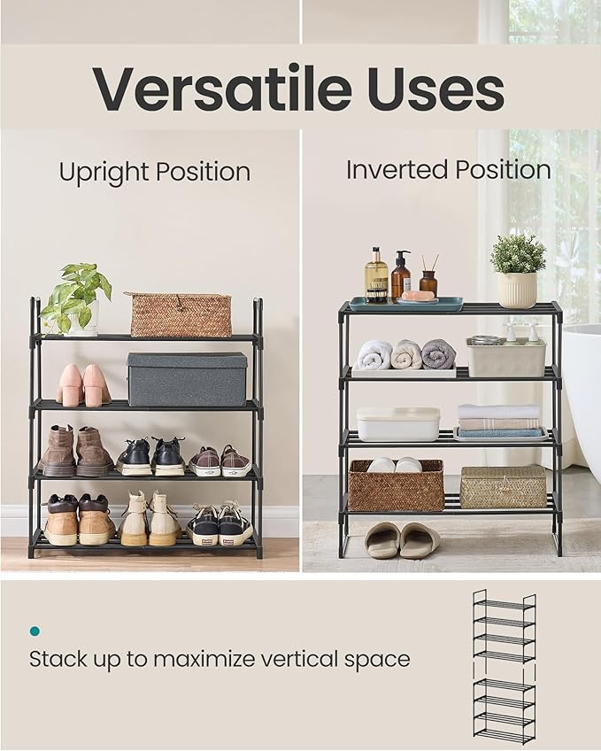 SONGMICS Shoe Rack, 4-Tier Shoe Organizer, Metal Storage Shelf, Upright or Upside Down, for 10-15 Pairs, Stackable, for Entryway, 11.8 x 26.8 x 29.5 Inches, Black ULSA204B01