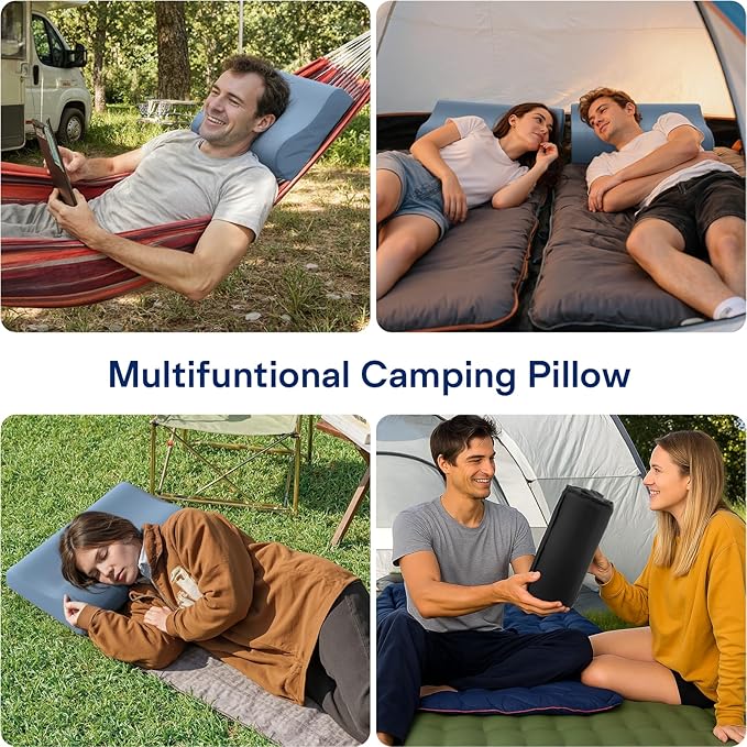 Camping Pillows for Sleeping - Memory Foam Travel Pillow 2 Heights Use - Small Travel Pillow for Camping, Hiking, Backpacking with Storage Bag (Blue)