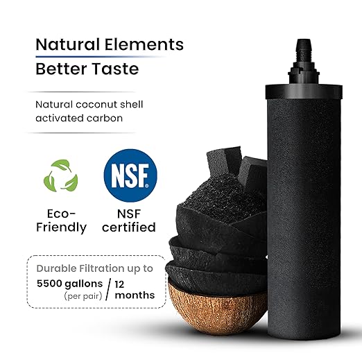 2.25 Gallon Water Filter AISI 304 Stainless Steel Gravity Fed Water Filter System, NSF Certified 2 Smart Carbon Filter Elements, Free Stainless Steel Water Spigot & Teak Wood Stand