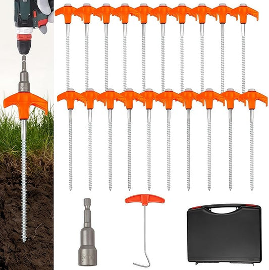 20 Pack 8" Screw in Tent Stakes Heavy Duty, Glow in The Dark Metal Stakes with Hex Head Driver, Ground Anchors for Camping, Patio, Awning, Canopy, and Windy Conditions