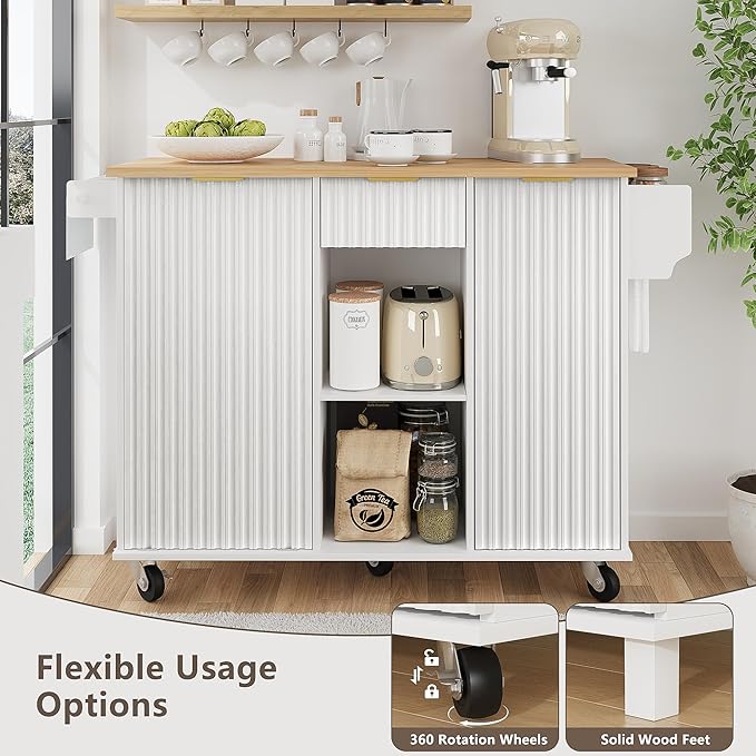 win2win Rolling Kitchen Island with Trash Can Storage, Portable Kitchen Island with Drop Leaf Breakfast Bar, Modern Farmhouse Kitchens Cart on Wheels with Fluted Design, Towel Rack, Spice Rack, White