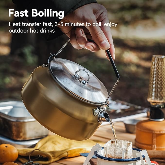 1L Camping Kettle, Portable Camp Tea Coffee Pot, Lightweight Stainless Steel Teapot, Fast Heating Boiling Water, for Outdoor Campfire Hiking Camping Picnic, Khaki