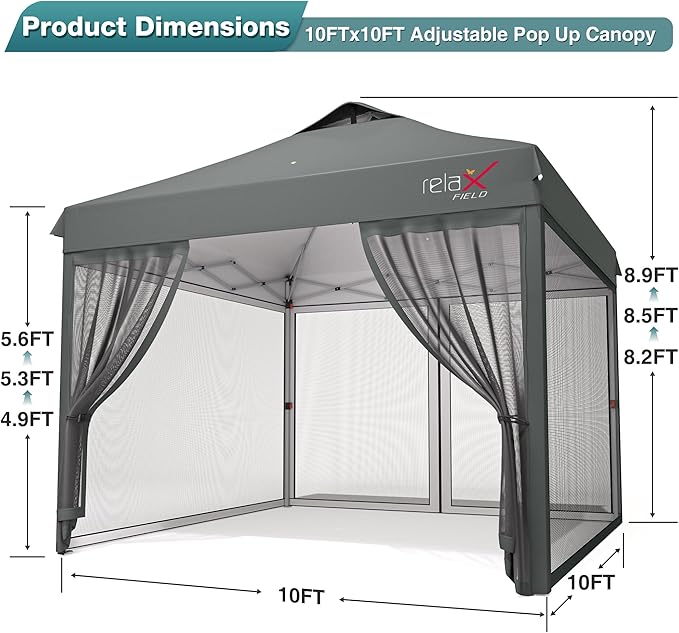 10x10 Pop Up Canopy Tent with Mosquito Netting, Outdoor Portable Screen Tent for Yard, Party, Camping and Picnic, 3 Height Positions, Patio Gazebo with Roller Bag and 4 Sandbags