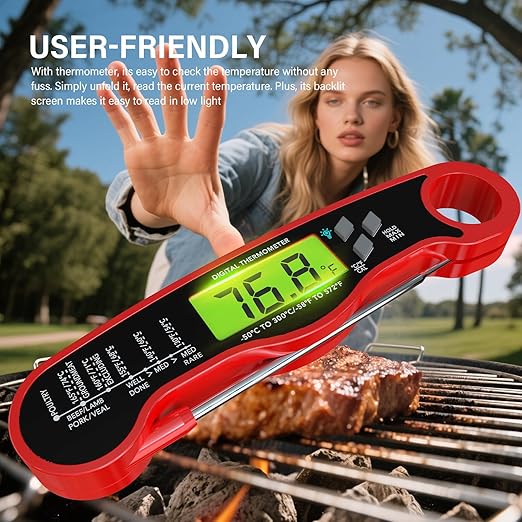 AWLKIM® Meat Thermometer Digital - Instant Read Waterproof Food Thermometer with Backlight for Cooking, Grill, Candy, Kitchen & Stocking Stuffers for Men - Red