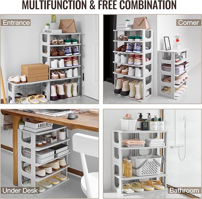 TRZZ 7-Tier Small Shoe Rack, Vertical Narrow Stackable Organizer with Removable Partition, Efficient Shoe Storage for Closet, Entryway, and Small Spaces (Grey)