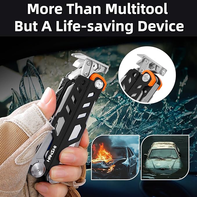 HANSHI Multitool Pliers, 22-in-1 YG10 Tungsten Steel Multi Tool with Scissors,Replaceable Wire Cutters, Flint, Window Breaker, Back Clip,Ideal for Camping, Survival and Gift(Black)