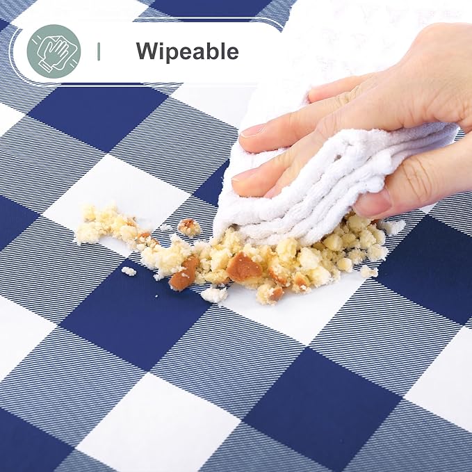 misaya Rectangle Waterproof Vinyl Table Cloth, Buffalo Flannel Backed Tablecloth, Wipeable Plastic Table Cover for Dinner, Kitchen, Outdoor (60" x 84", White and Navy)