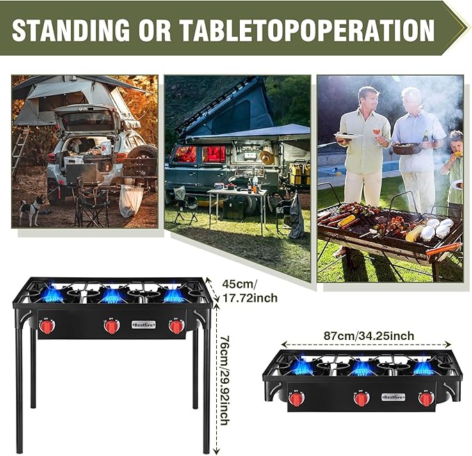 Bestfire 3 Burners Camping Stove for Cooking Outdoor, 225,000 BTU Propane Burners with Auto Ignition Button&Removable Legs, Temperature Control Knobs and 20 PSIG High Pressure Regulator for BBQ