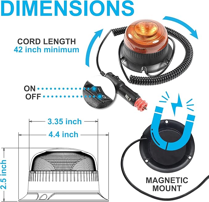 HQRP Amber Beacon Emergency Strobe Construction LED Lights Magnetic Mount, Flashing Caution Safety Warning LED Light for Vehicles, Truck, Golf Cart, Tractor, Postal Car, ATV, UTV, Snow Plow, Forklift
