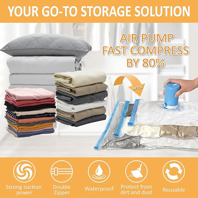 Vacuum Storage Bags with Electric Pump, 22 Pack (3 Jumbo/3 Large/8 Medium/8 Small) Vacuum Seal Space Saver Bags for Clothing, Pillows, Blanket, Bedding, Comforters