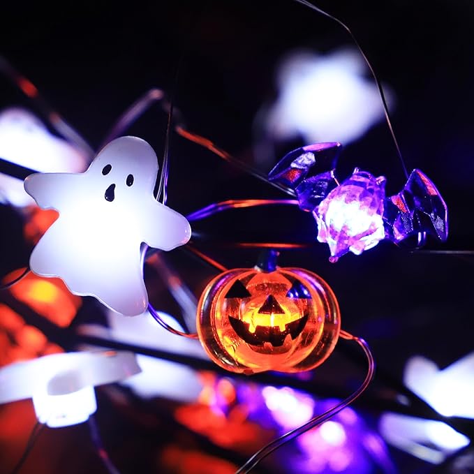 Halloween Lights White Ghost Purple Bat Orange Pumpkin, 30 LED Copper String Lights with Remote Control Battery Operated Fairy Lights for Cosplay Party, Gothic Halloween Decor (White, Purple, Orange)