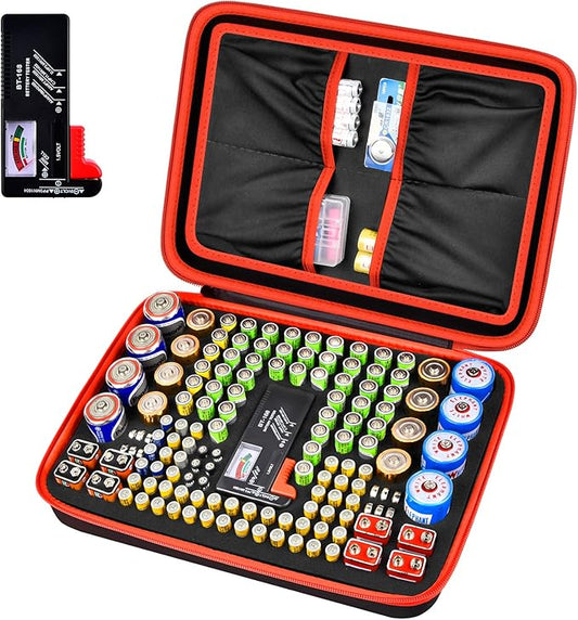 Comecase Battery Organizer Storage Box, Carrying Case Bag Holder - Holds 140+ Batteries AA AAA AAAA C D 9V - with Battery Tester - Red(Batteries are Not Included)