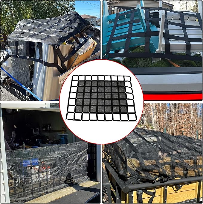 Heavy Duty 57" x 72" Truck Bed Cargo Net with Adjustable Cam Buckles & S-Hooks & Cross Strap,4.75' x 6' Cargo Net with 1500LBS Capacity for Pickup Truck Bed Trailer SUV Jeeps
