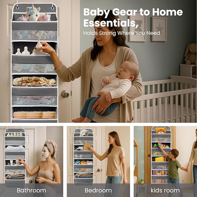 Over The Door Organizer with 4 Side Mesh Pockets, 44lb Weight Capacity Hanging Behind The Door Storage Suitable for Storing Toys, Shoes, Towels, Grey