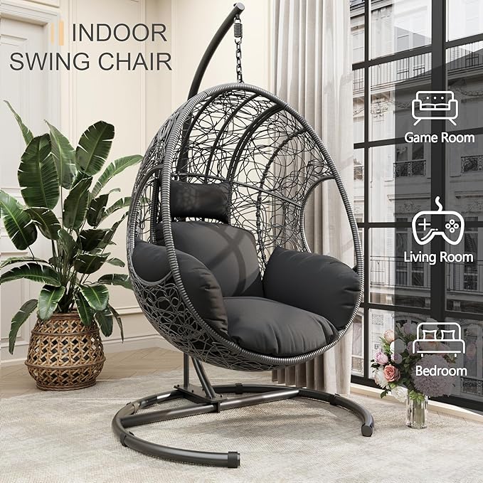 Oversized Hanging Egg Chair Outdoor Indoor, Wicker Swing Egg Chair with Stand 400lbs Capacity for Bedroom, Patio, Garden and Balcony (Grey-nest, Oversize)