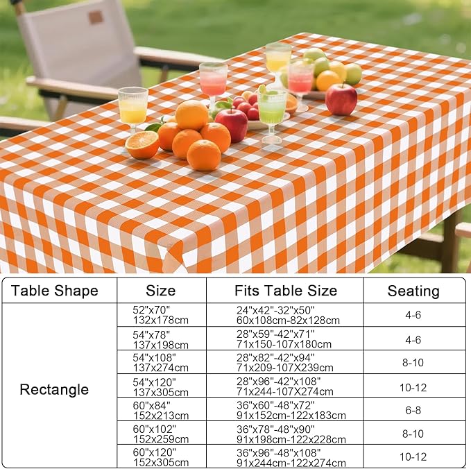 Smiry Rectangle Table Cloth, Waterproof Vinyl Tablecloth with Flannel Backing, Wipeable Buffalo Plaid Table Cover for Dining, Indoor and Outdoor (Orange & White, 60"x102")