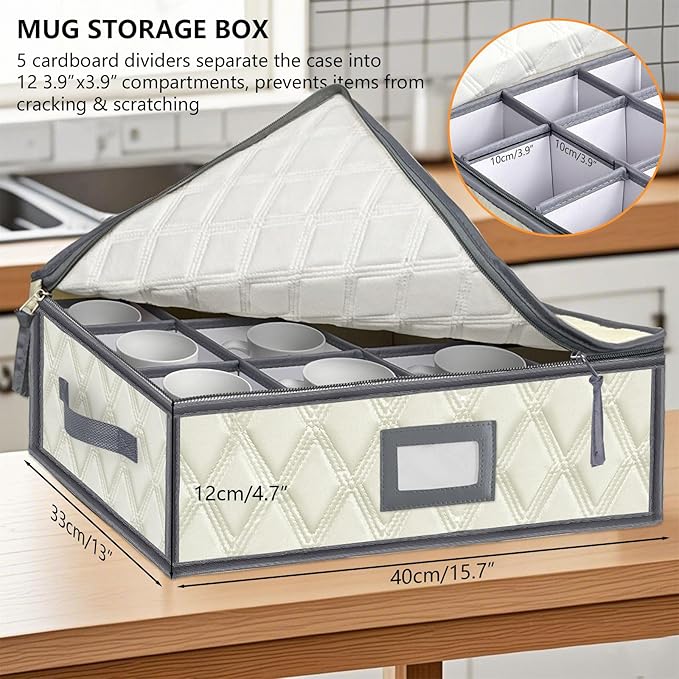 VERONLY Mug and Cup Storage Box with Dividers - 1 Pack China Storage Bin Containers Holds 12 Glassware, Stackable Coffee Mug Organizer Bin and Tea Cup with 2 Metal Zipper,Label and Handles