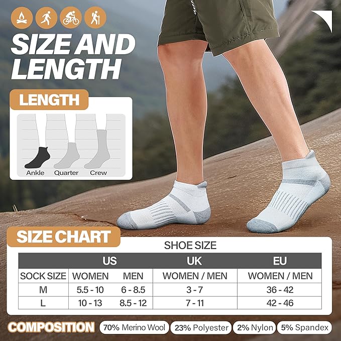 6 Pairs Merino Wool Ankle Running Hiking Socks Compression Support Breathable Thick Cushion No Show Socks for Women Men