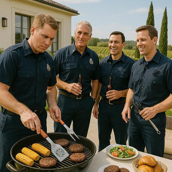Firefighter Gifts for Men - Large BBQ Grilling Set, 4-Piece Heavy Duty Stainless Steel Tools with Bottle Opener - Fireman, Fire Department, First Responder Flag Gift