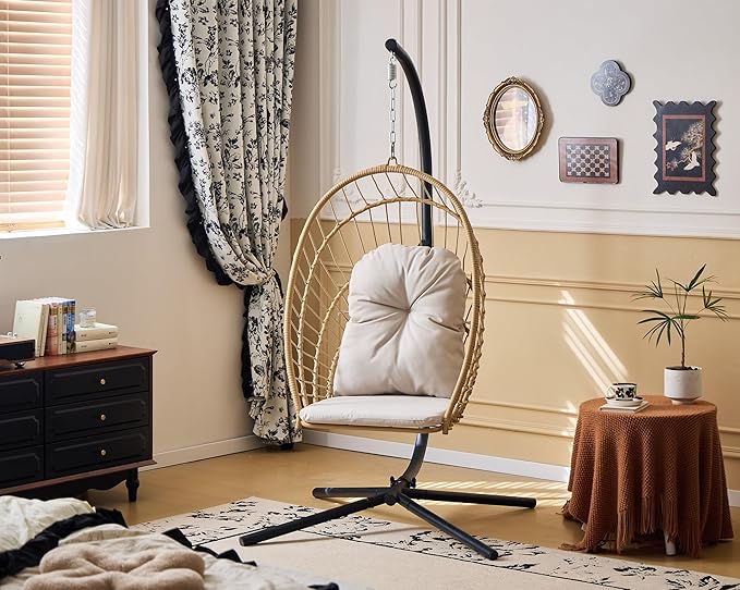 Indoor/Outdoor Egg Hanging Chair with Stand - Patio Wicker Swing Hammock Chair. 350lbs Capacity, Cushioned. Ideal for Bedroom, Balcony, Porch, Garden. Versatile Swing Chair for All Spaces