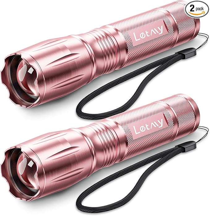 LETMY Tactical Flashlight S2000-2 Pack Bright Military Grade LED Flashlights High Lumens - Portable Handheld Flash Light, 5 Modes Zoomable Waterproof Flashlights for Home Emergency Camping- Pink