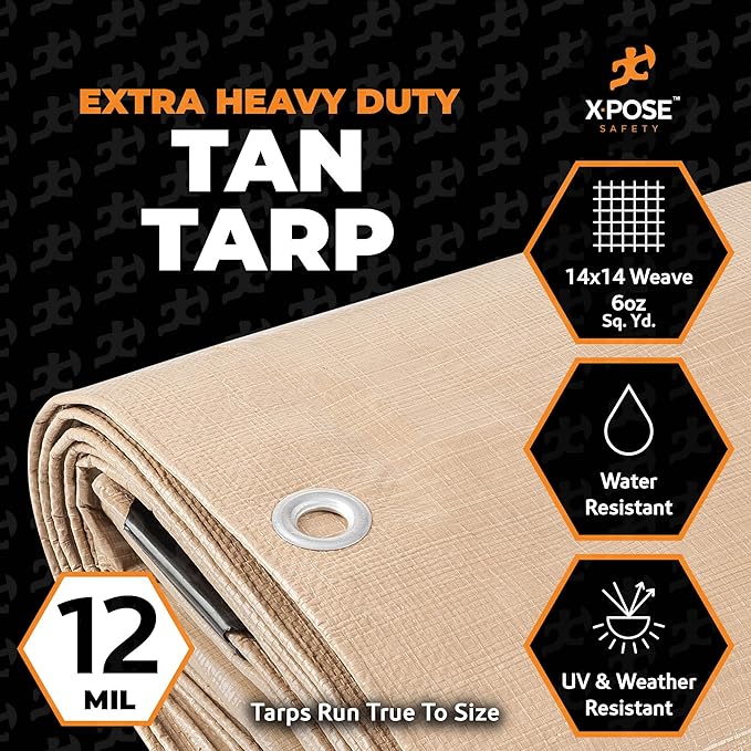 Heavy Duty Tan Poly Tarp 10' X 30' - Multipurpose Protective Cover - Durable, Waterproof, Weather Proof, Rip and Tear Resistant - Extra Thick 12 Mil Polyethylene - by Xpose Safety
