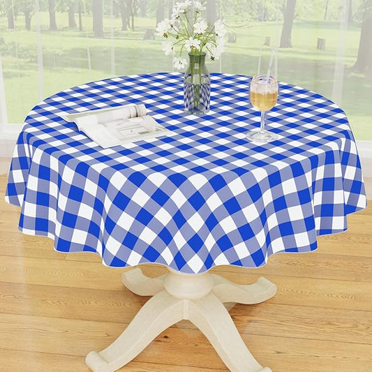 Smiry Round Plastic Table Cloth, Waterproof Vinyl Tablecloth with Flannel Backing, Wipeable Buffalo Plaid Table Cover for Dining, Indoor and Outdoor (Blue & White, 60" Round)