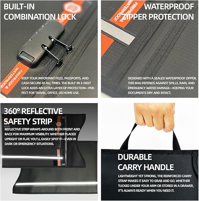 Fireproof Document Bag (Black) – Waterproof Zipper & Lock – for Home, Office & Travel – Holds Files, Cash, Passport, Valuables – Fire & Water Resistant