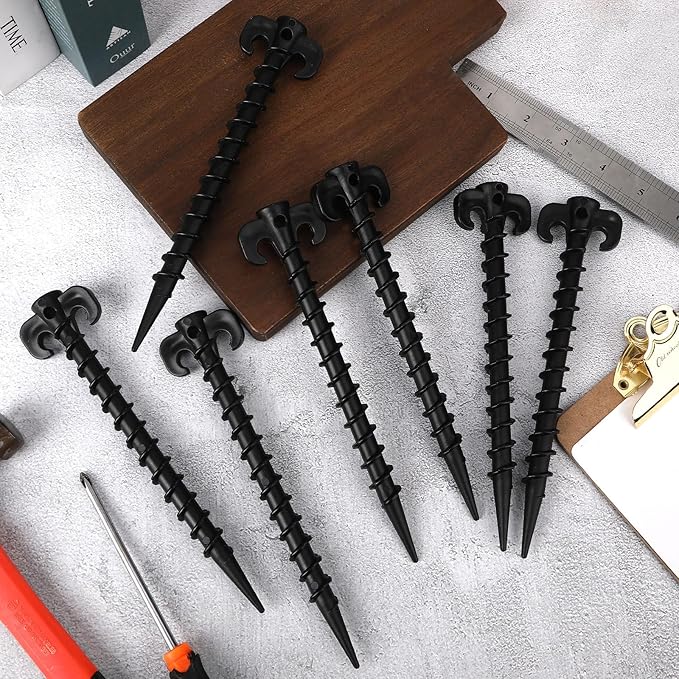 AUGSUN 8 Pack Plastic Tent Stakes Heavy Duty, Black Sand Stakes for Beach 7.5 Inch Screw in Tent Stakes Spiral Ground Anchors Tent Pegs Canopy Stakes for Inflatables Outdoor Camping Hiking Garden Lawn