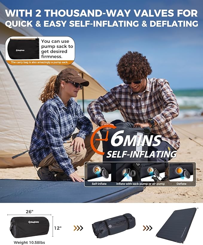 KingCamp Self Inflating Sleeping Pad, R 7.1/7.9 Dual Sided Air & Foam Camping Mattress 2 Person for All Seasons, 3" Thick Full Size Double Sleeping Pad for Camp Tent Outdoor Car, PVC Free