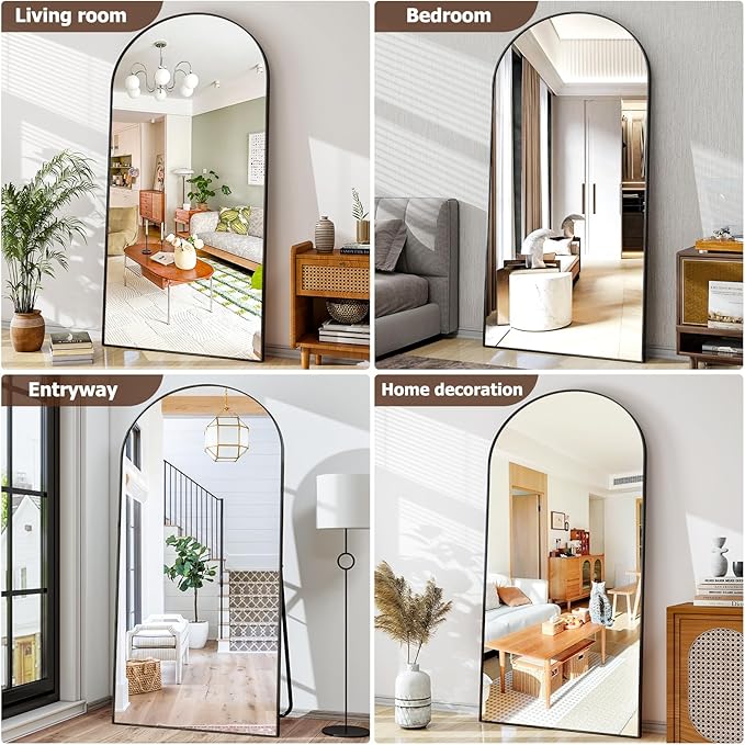 Oversized Full-Body Mirror, 77" x 38" Arched Full-Length Mirror, Black Metal Frame, Floor Mirror for Bedroom, Living/Dressing Room, Gym - Stand/Wall Mounted/Leaning