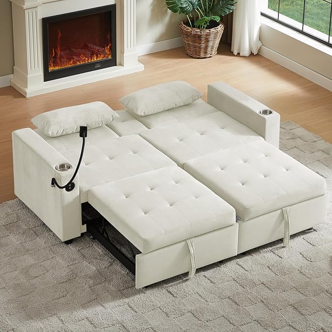 70" Queen Size Sofa Bed for Living Room – Pull-Out Sleeper Sofa Couch with Cup Holder, Phone Holder, USB Charging Port, Solid Wood Frame, Easy Assembly, Space-Saving Design for Small Apartments