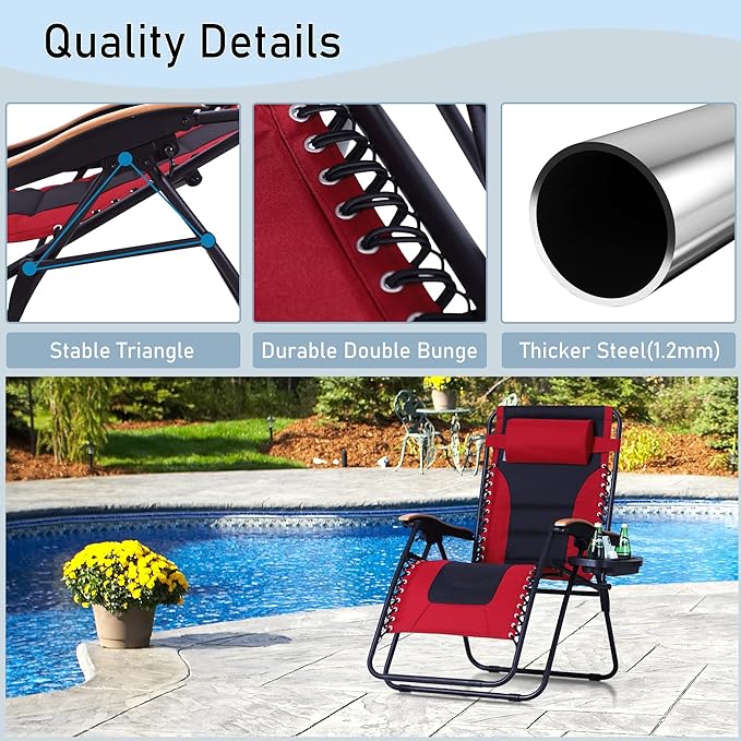 PHI VILLA XXL Oversized Padded Zero Gravity Chair, Foldable Patio Recliner, 30" Wide Seat Anti Gravity Lounger with Cup Holder, Set of 2, Support 400 LBS (Red)