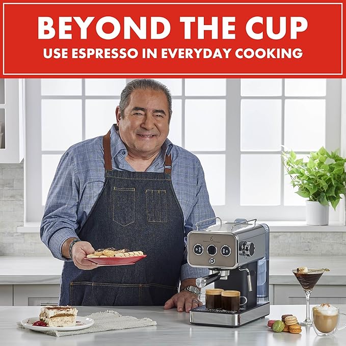 Emeril Lagasse Semi-Automatic 15-Bar Pro Espresso Machine with Milk Frother Steam Wand, Stainless Steel Finish, Double Shot, 37oz Removable Water Tank, Auto Shut-Off, 1350W