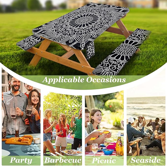Fitted Picnic Table Cover with Bench Covers Vinyl Waterproof Elastic Edges Fitted Rectangle Tables Patio Tablecloth Camping Gear and Essentials Rv Accessories Road Trip Supplies Car Travel Must Haves