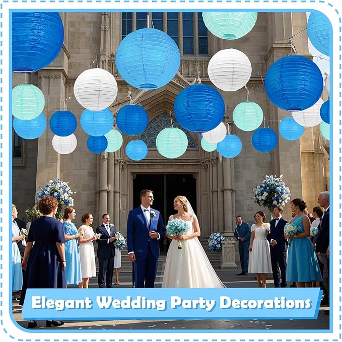 12Pcs Blue and White Paper Lanterns Assorted Sizes (6" 8" 10" 12") for Home Decor, Wedding, Birthday, Mamma Mia Party Decorations, Hanging Chinese Japanese Paper Lantern (3 Blue Colors)