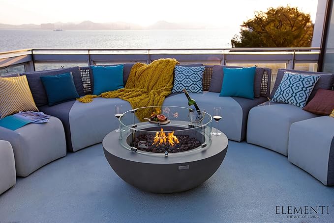 Elementi | Bundle Lunar Gas Fire Pit Cast Concrete 42" Round Fire Table, Outdoor Fire Pit Electronic Ignition | Canvas Cover, Lava Rock Included | Light Gray (Propane Gas)