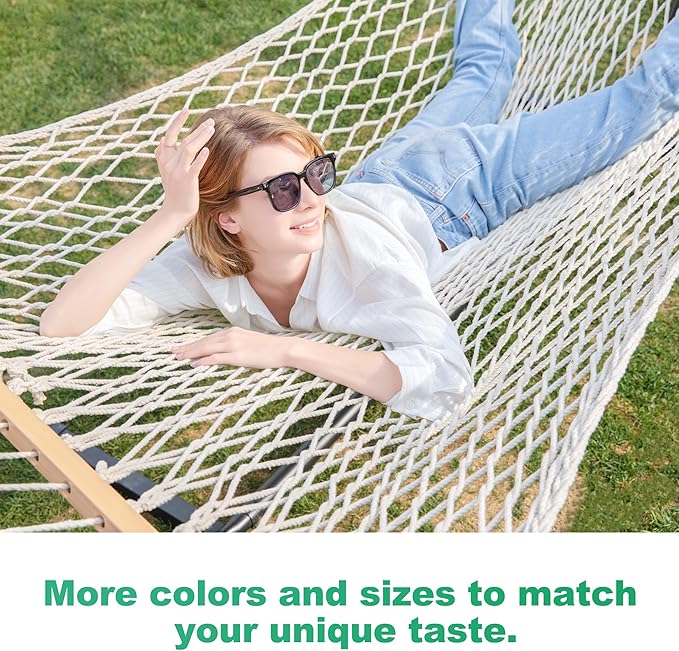 12ft Double Hammocks, Handwoven Traditional Cotton Rope Hammock with Hardwood Spreader Bar, Chains and Hooks for Indoor Outdoor, Max 450 lbs Capacity (Beige, Full)